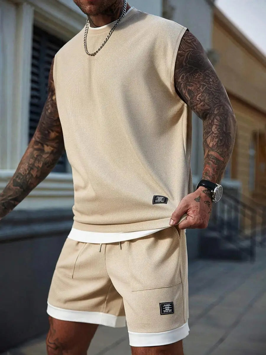 Beige Waffle Knit Sleeveless Tank Top and Shorts Set for Men, Casual Summer Two-Piece Outfit