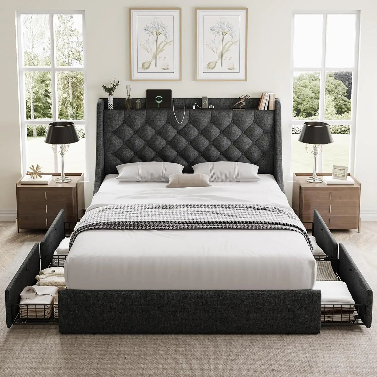 Full Bed Frame With 4 Storage Drawers, Huge Upholstered Wingback Headboard, Fast Charging Station, No Box Spring, Customized