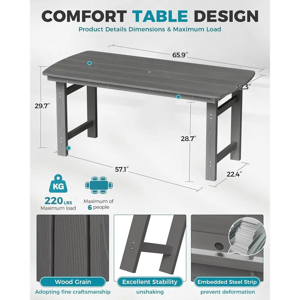 HDPE Outdoor Dining Set, 7-Piece Patio Table and Chairs Set with Umbrella Hole, All-Weather Patio Dining Sets or 6, Durable Pati