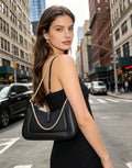 Minimalist Black Hobo Underarm Bag for Women Smooth Leather Purse with Gold Chain Strap for Night Out and Office Days