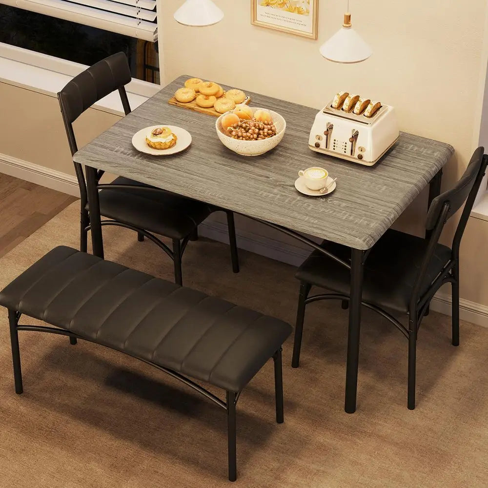 Dining Table Set for 4, Kitchen Table with Upholstered Bench and 2 Chairs, 4Piece Wooden Dining Table Set for Apartment, Dining