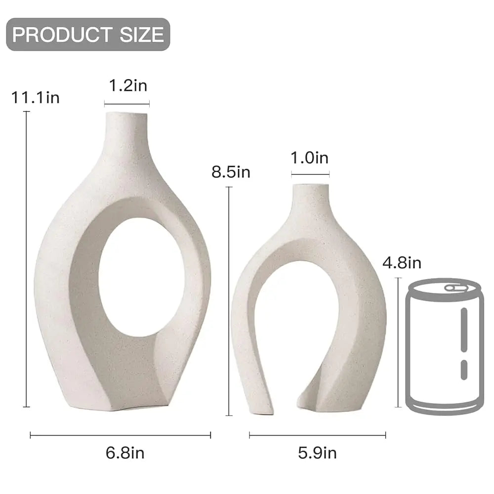 Extra Large Hollow Nordic Modern Ceramic Vases Set of 2, Milky White Aesthetic Round Donut Boho ins Style Flower Decorative