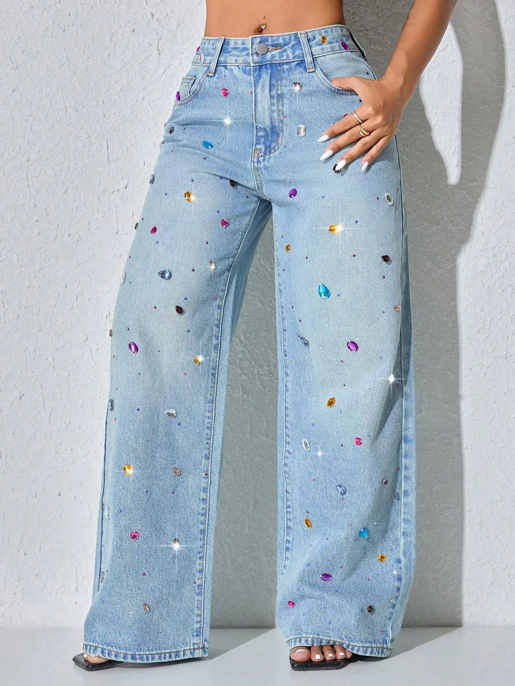 Low Waist Wide Leg Rhinestone Decorated Casual Blue Jeans For Women Spring