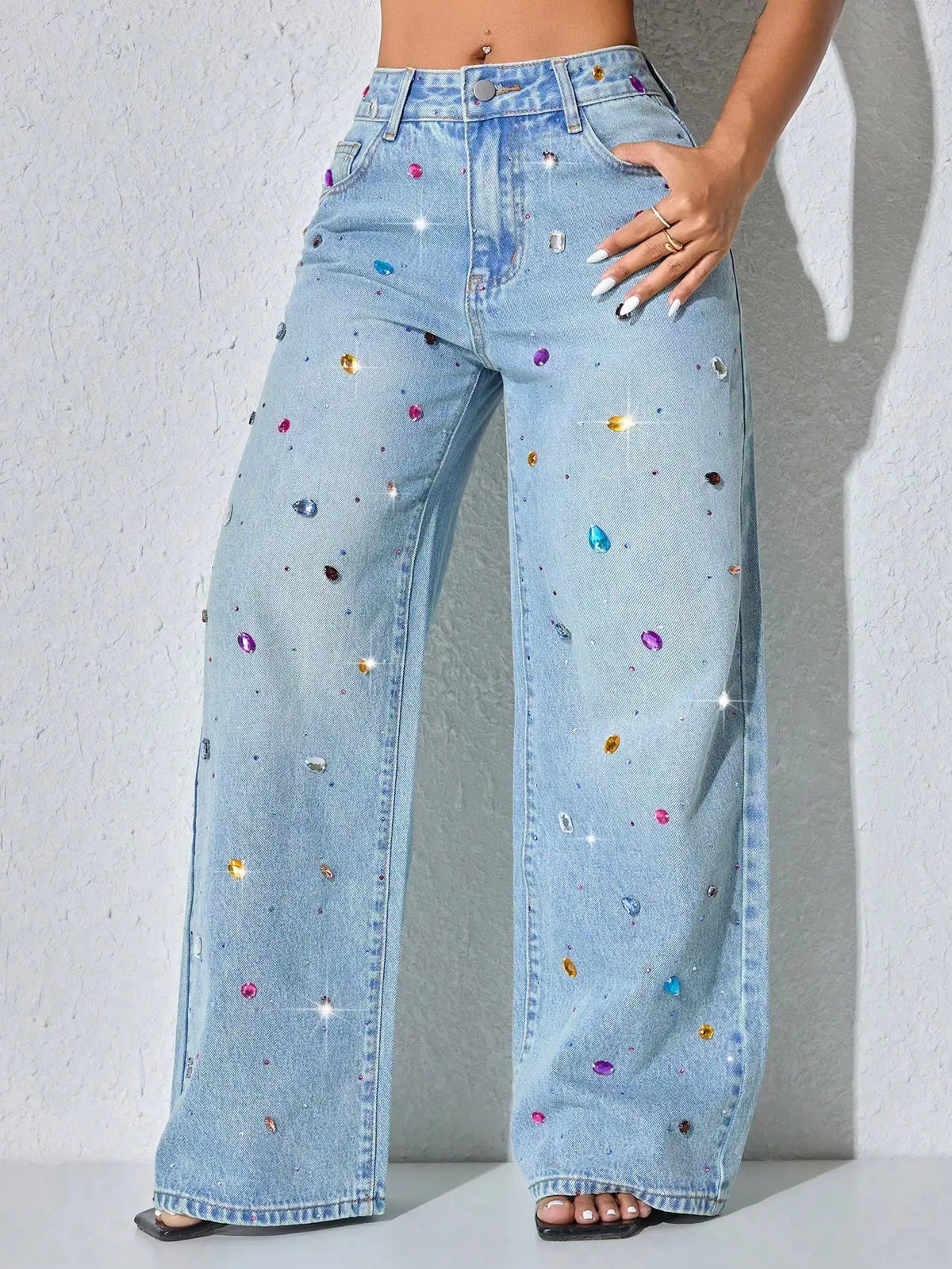Low Waist Wide Leg Rhinestone Decorated Casual Blue Jeans For Women Spring