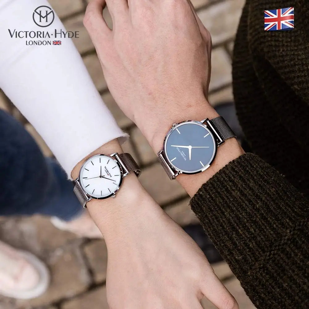 Couple Watches for Men Women, Genuine Leather and Stainless Steel Mesh Bands, Waterproof Quartz Wristwatch Set for Lovers