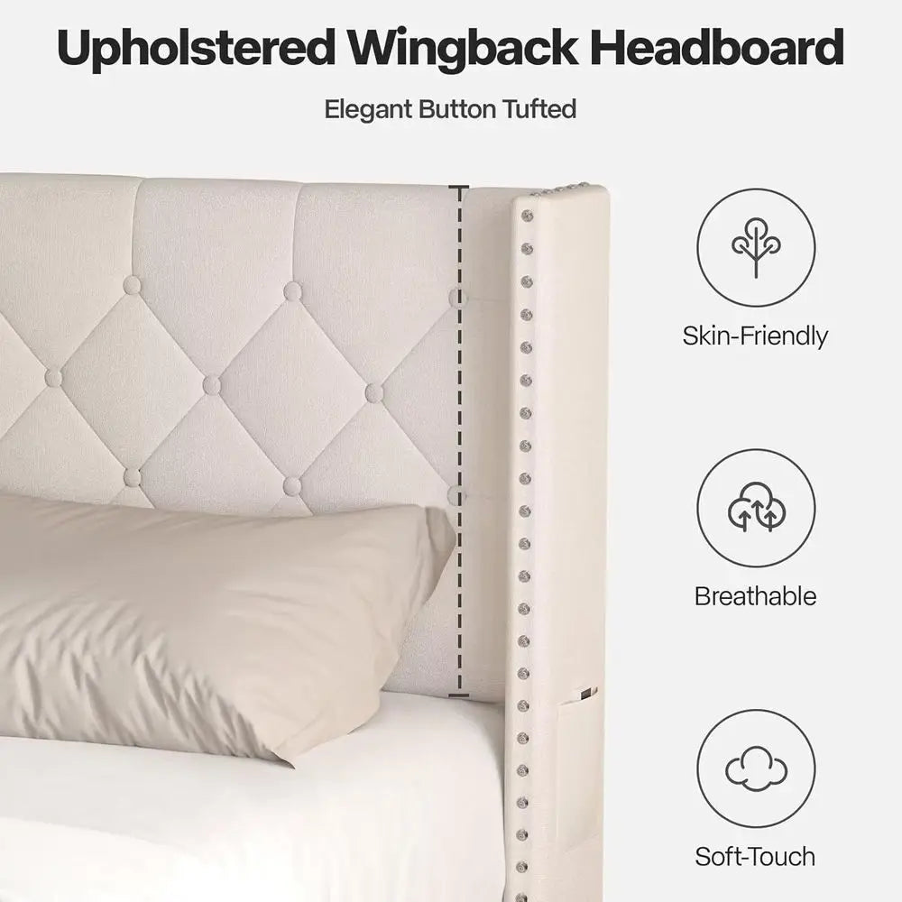Queen Size Velvet Upholstered Platform Bed with LED Lights, Button-Tufted Wingback Headboard, Wooden Slat Support, No Box Spring