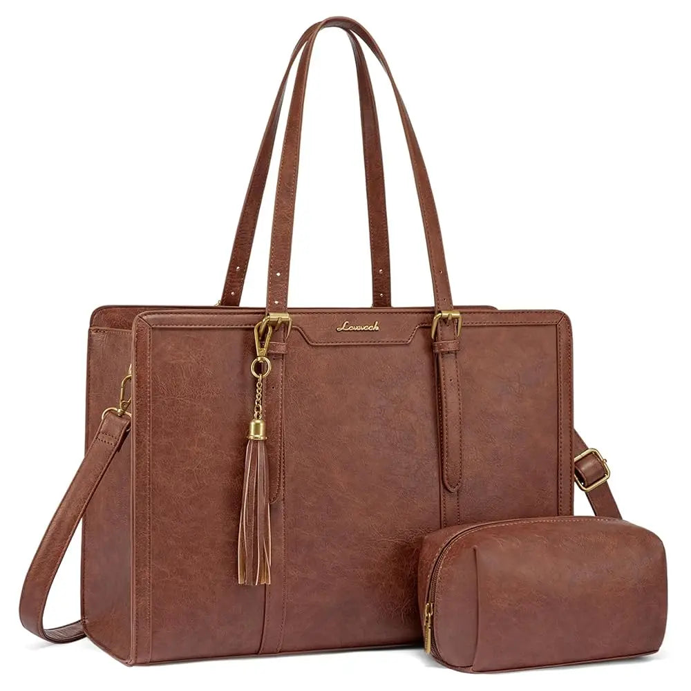 Laptop Bag for Women Vintage Leather Work Tote 15.6 inch Large Capacity Computer Bag with Clutch Purse for Teacher,Office,Ca