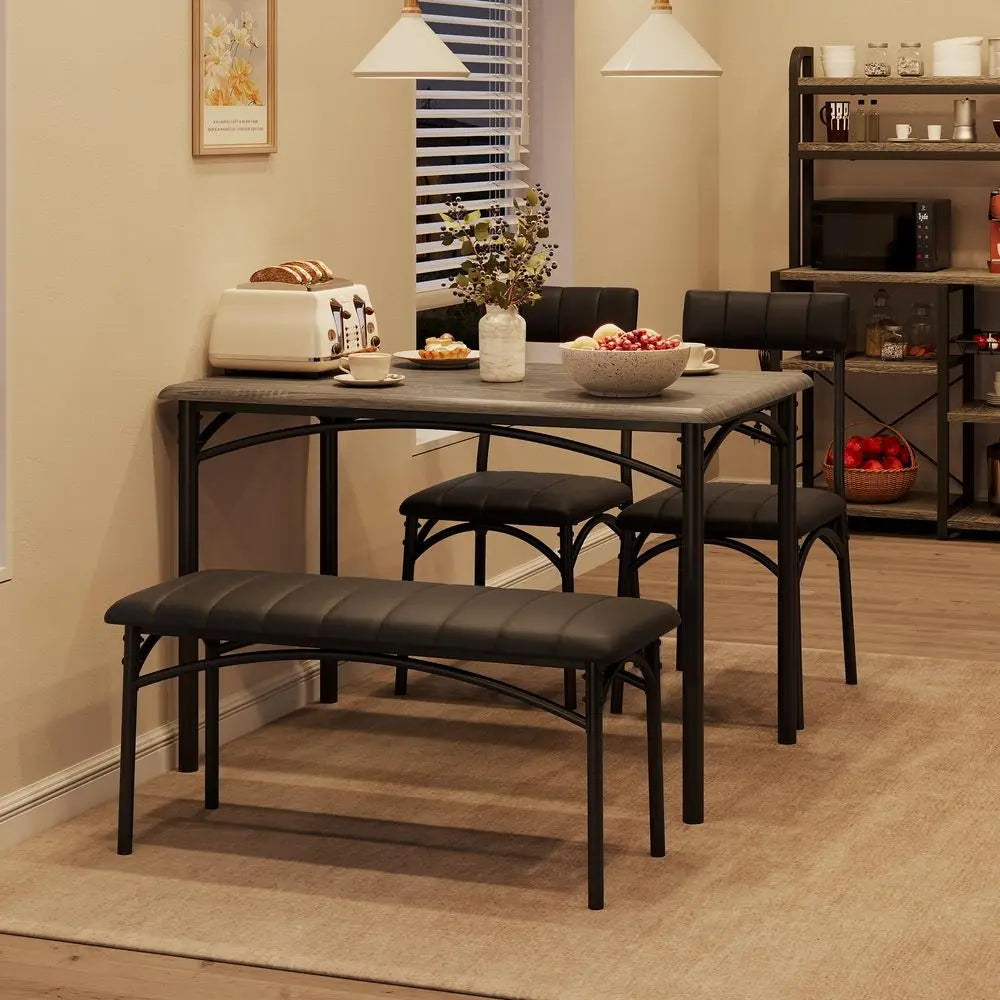 Dining Table Set for 4, Kitchen Table with Upholstered Bench and 2 Chairs, 4Piece Wooden Dining Table Set for Apartment, Dining