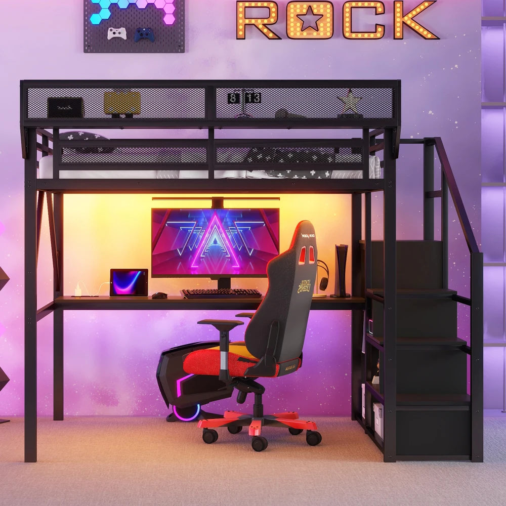 Queen Loft Bed with Desk and Charging Station, Queen Size Metal Loft Bed with Stairs and Light, Black