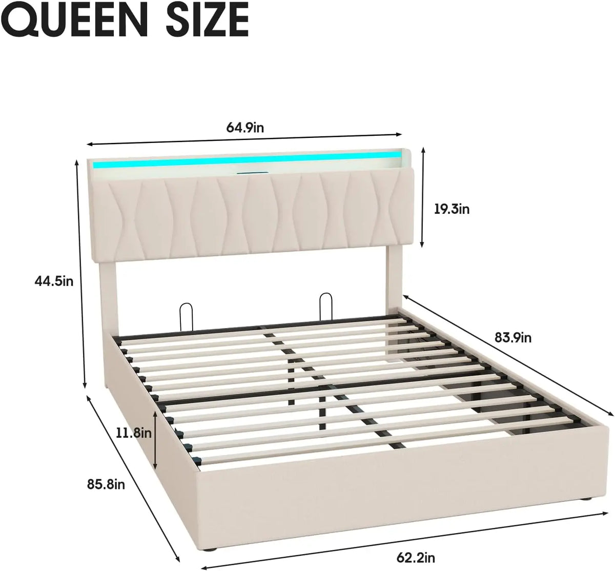 Queen Size Lift-Up Storage Bed Frame with Adjustable Headboard, Charging Station, LED Lights, and Noise-Free Design