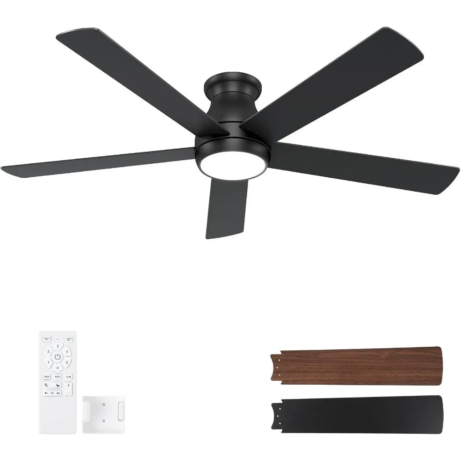 60 Inch Black Ceiling Fans with Lights and Remote LED Low Profile Flush Mount Ceiling Fan for Bedroom Living Room Quiet DC Moto