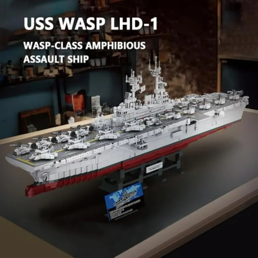M7024 US Navy Warship Building Brick Set 1:300 Military Series Wasp-Class Amphibious Assault Ship 5220 Pieces Aircraft Carrier