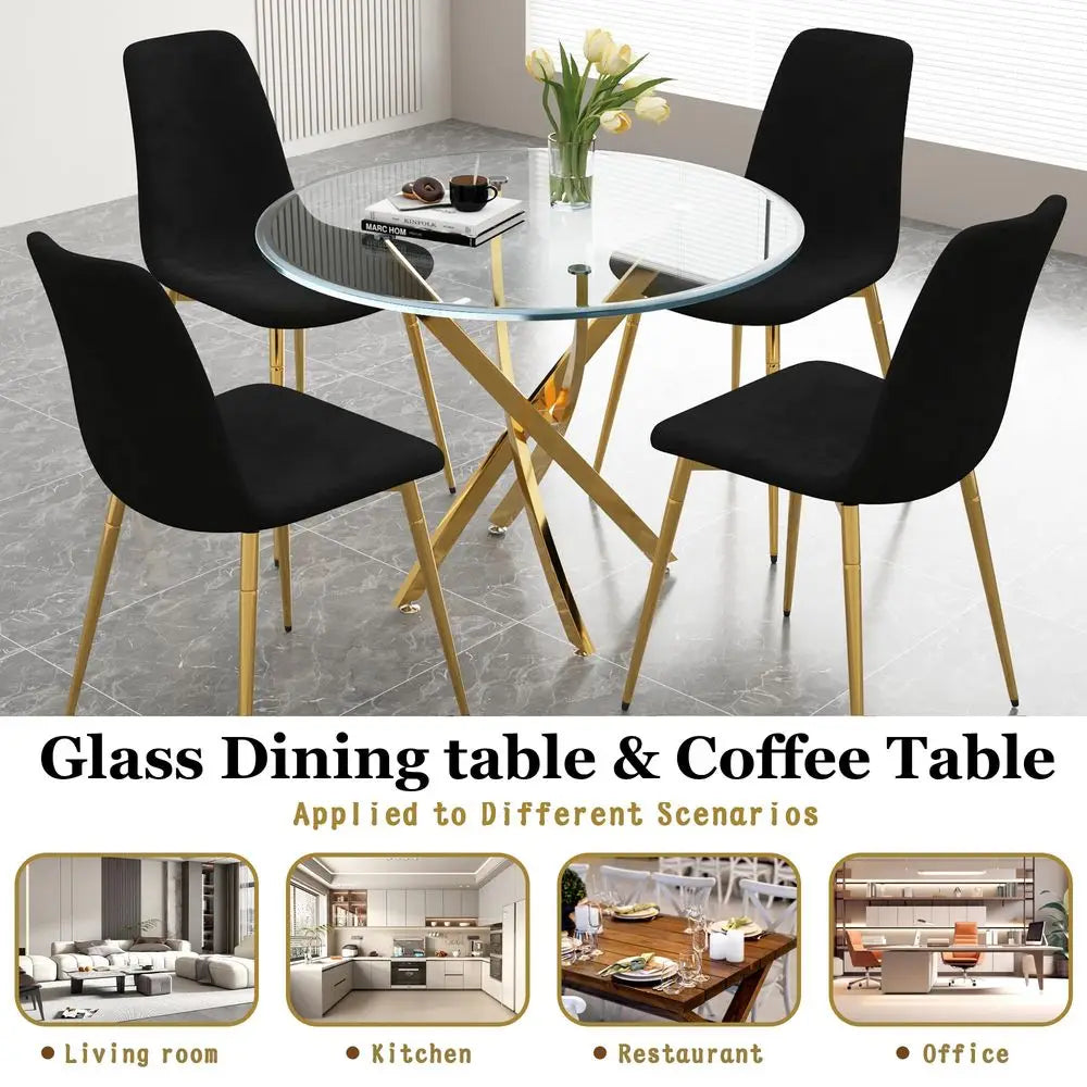 Dining Table Set for 4, 5Piece Round Gold Kitchen Table Set with 4 Black Upholstered Chair, Tempered Glass Dining Room Table for