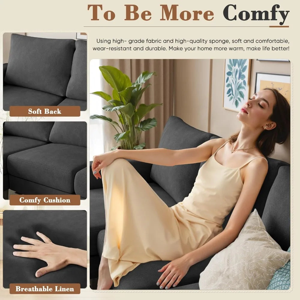 Homall Living Room Sofa, Sofa with Convertible Chaise Lounge, Three-seat L-shaped Sofa, Comfortable Fabric Sofa