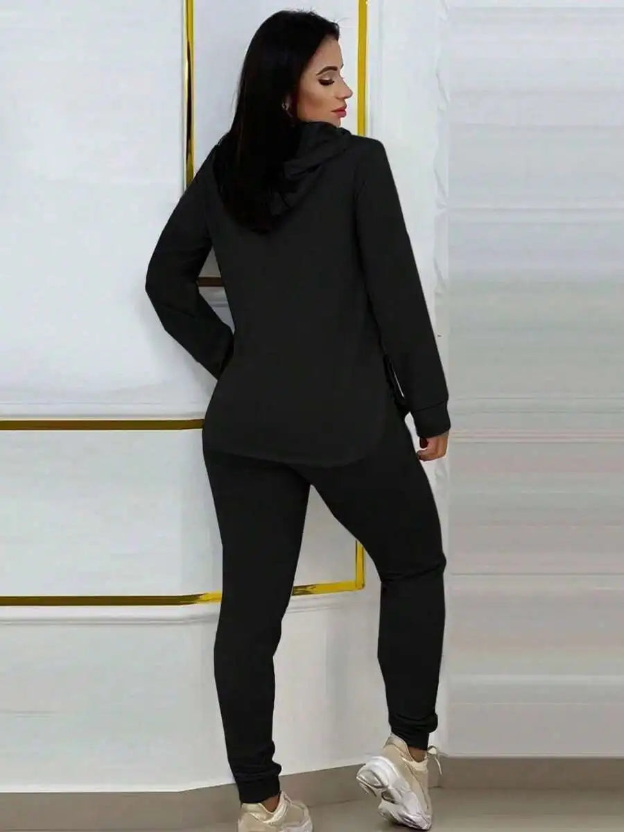 Gray 2-Piece Hooded Lounge Set with Drawstring Waist, Loose Fit Long Sleeve Top & Joggers
