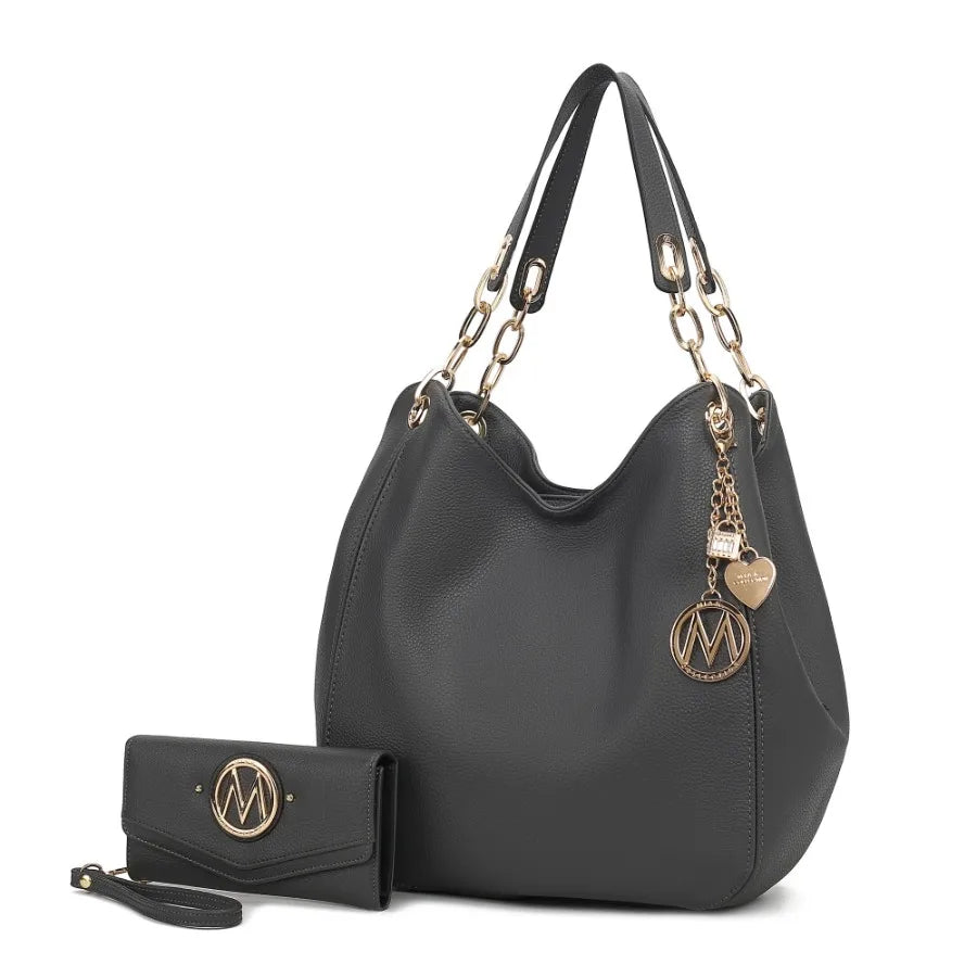 MKF Collection Ashley Vegan Leather Women's Hobo Shoulder Bag with Wallet - 2 Pieces in Black Eco-Friendly and Stylish Design f