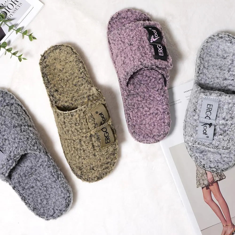 Fuzzy House Slippers with Arch Support for Women Men, Orthopedic Slide Slippers for Plantar Fasciitis Open Toe Indoor House