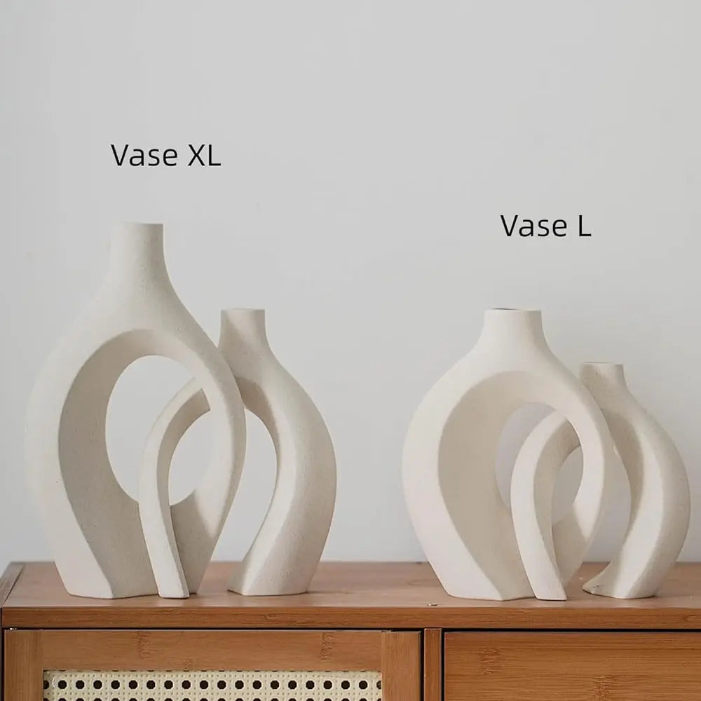 Extra Large Hollow Nordic Modern Ceramic Vases Set of 2, Milky White Aesthetic Round Donut Boho ins Style Flower Decorative