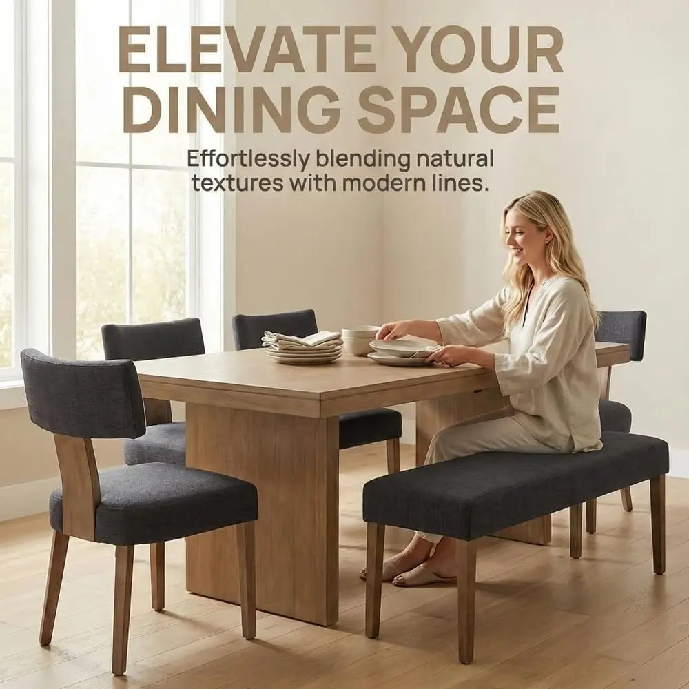 Linen Upholstered Dining Chairs Set of 6, Curved Backrest Kitchen Chairs with Hardwood Legs, Charcoal