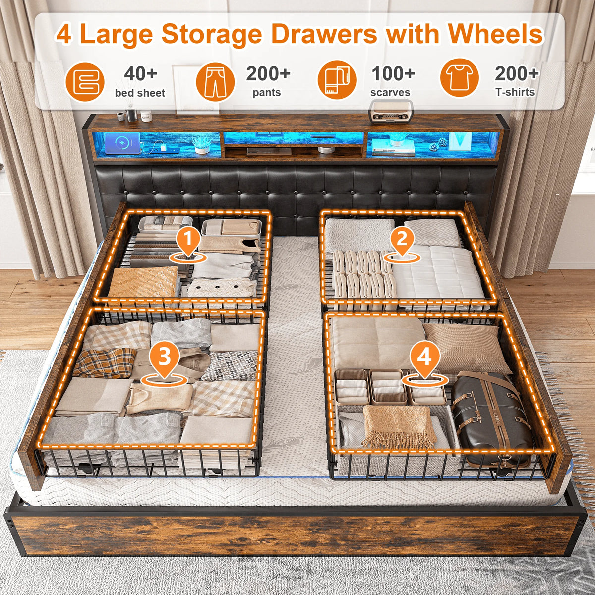 Upholstered LED Bed Frame with 4 Storage Drawers & Charging Station Platform Bed Frame with Storage Headboard No Noise