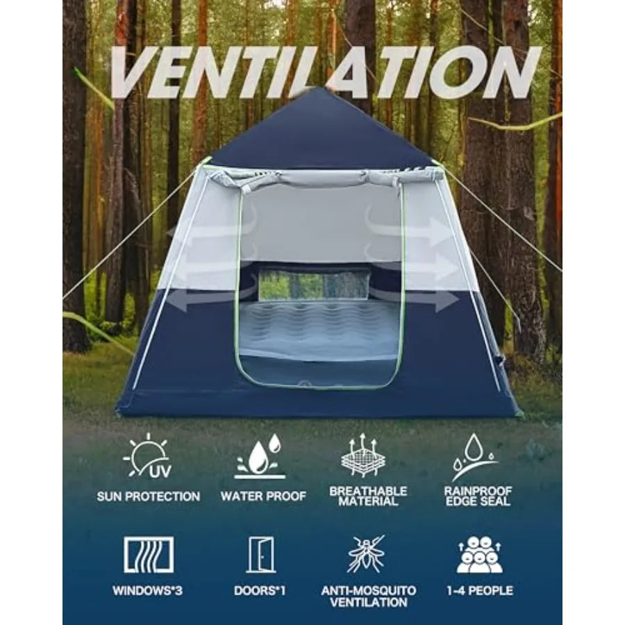 Inflatable Tents for Camping, Portable 4 Person Blow Up Air Tent, Waterproof Windproof Easy Setup Large Family Tent with 2 Doors