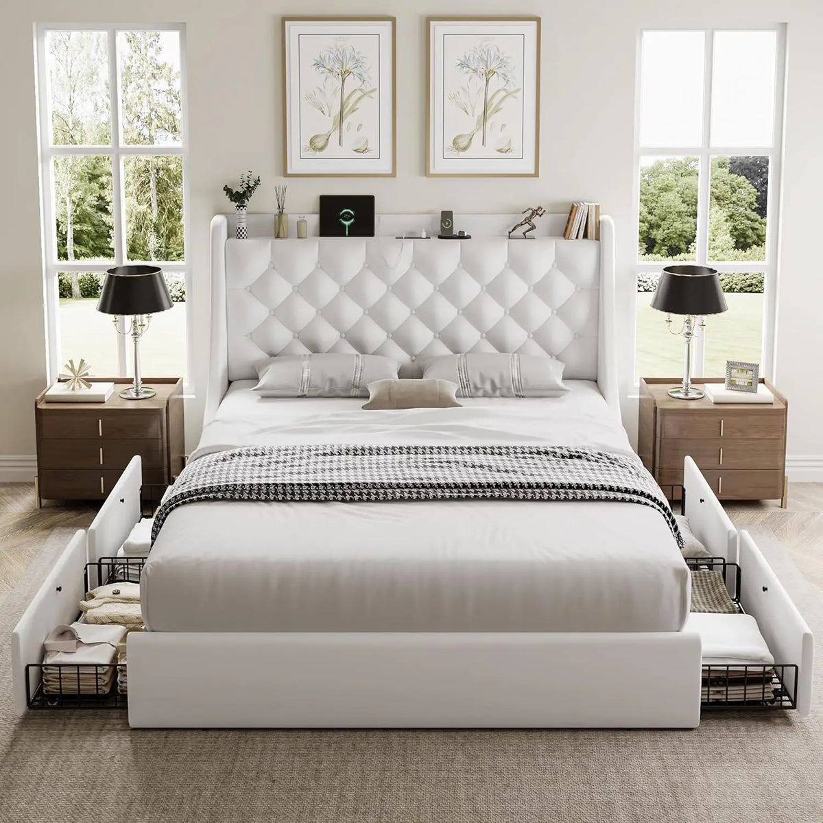 Full Bed Frame With 4 Storage Drawers, Huge Upholstered Wingback Headboard, Fast Charging Station, No Box Spring, Customized