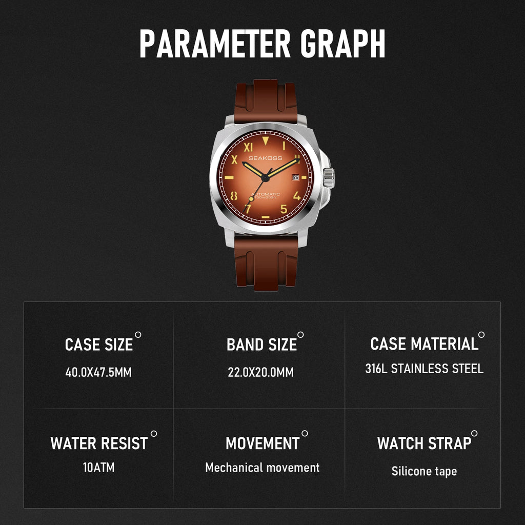 SEAKOSS Automatic  Watches for Men  10 ATM Seagull ST1612 MovementDive Watch  Luminous Calendar Sapphire  Men's Mechanical Watch