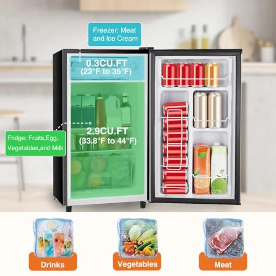 3.2 Cu.Ft Mini Fridge with Freezer Small Refrigerator Adjustable Thermostat Energy-efficient Low Noise Compact Fridge for Bedro