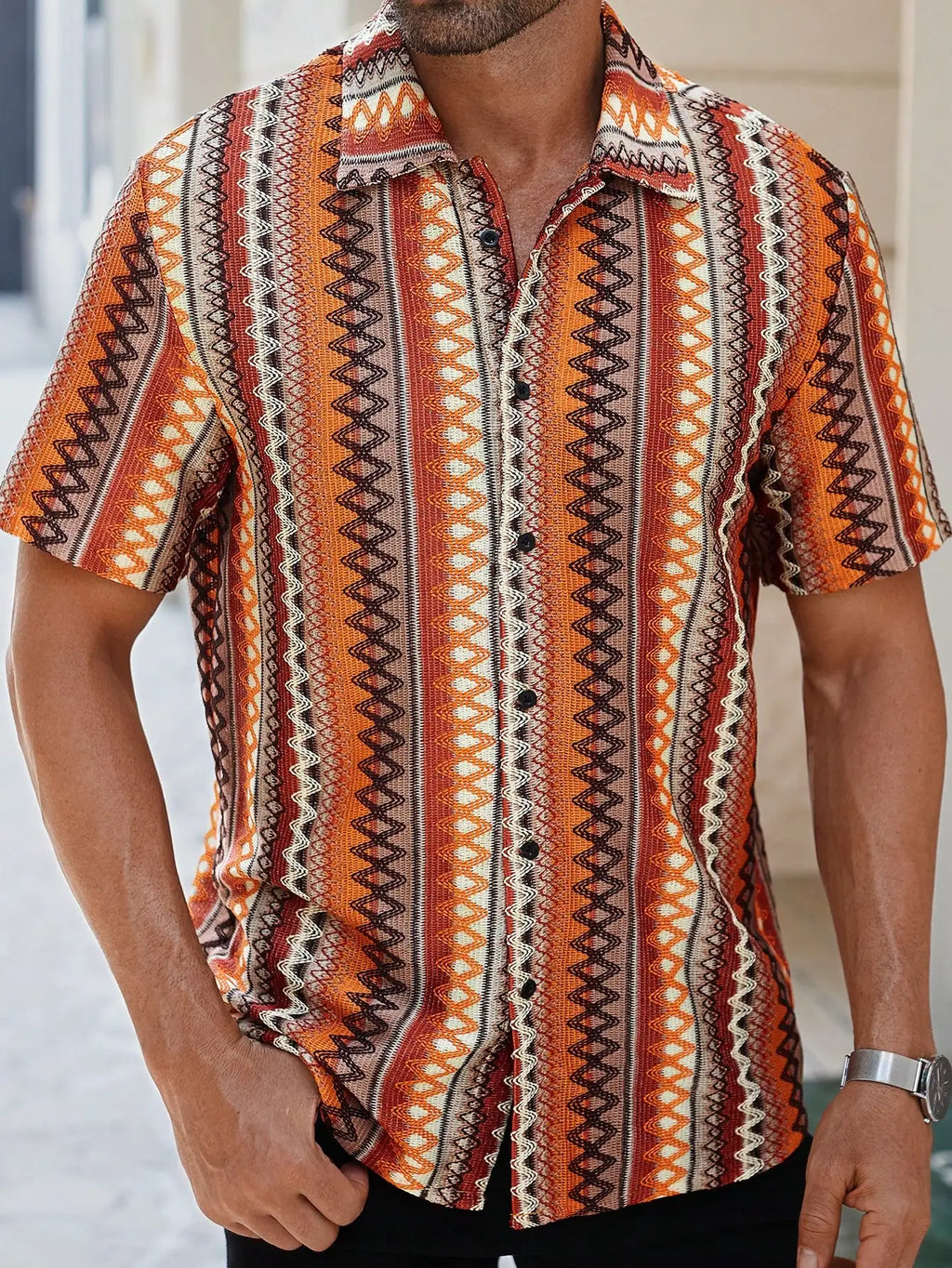Men's Casual Short-Sleeve Shirt with Bohemian Geometric Stripe Pattern, Crochet-Knit Texture, Button-Front Design