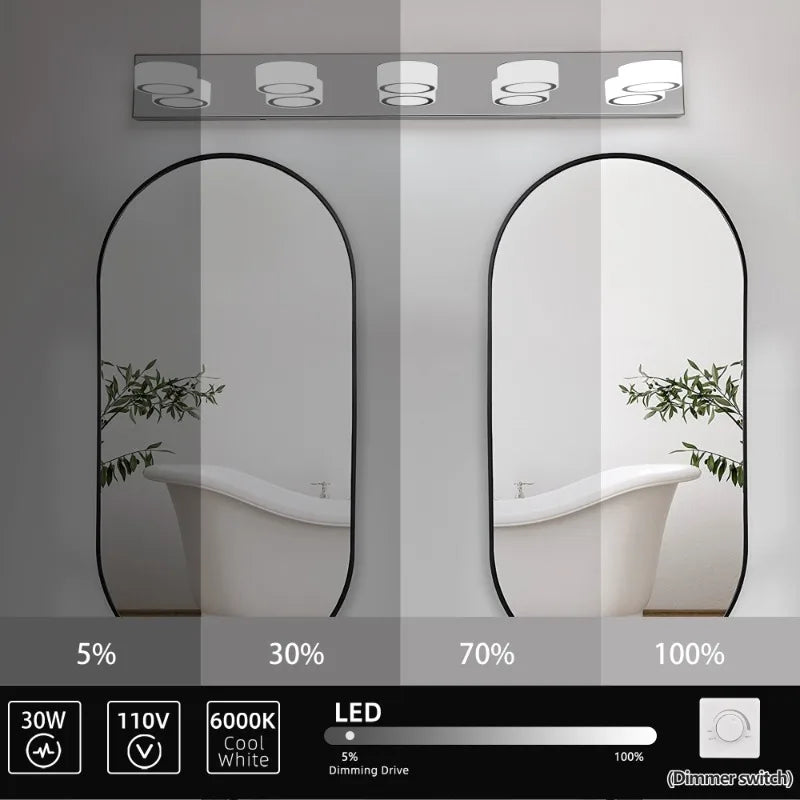 37" Modern Minimalist 5-Light LED Vanity Light Chrome Energy-Efficient Bathroom Decor Wall Sconce