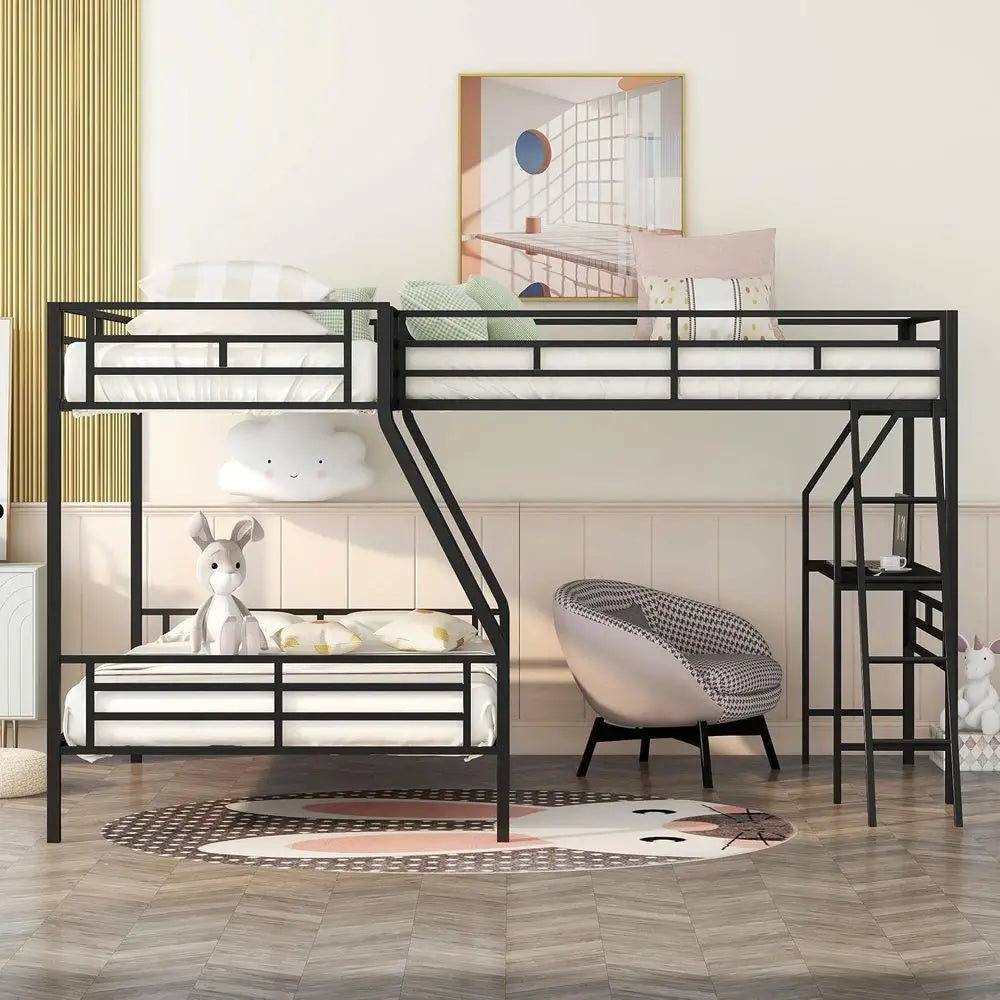 Black Triple Bunk Bed with Twin Over Full and Desk for Kids, Teens, Adults