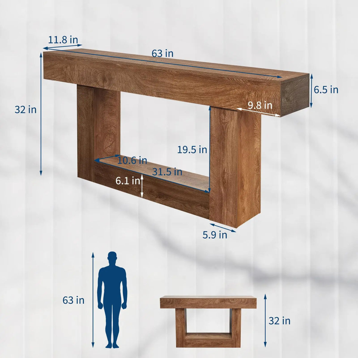 63-Inch Long Farmhouse Style Console Sofa Table, Rustic Wood Entryway Table Behind Couch For Hallway, Living Room & Foyer