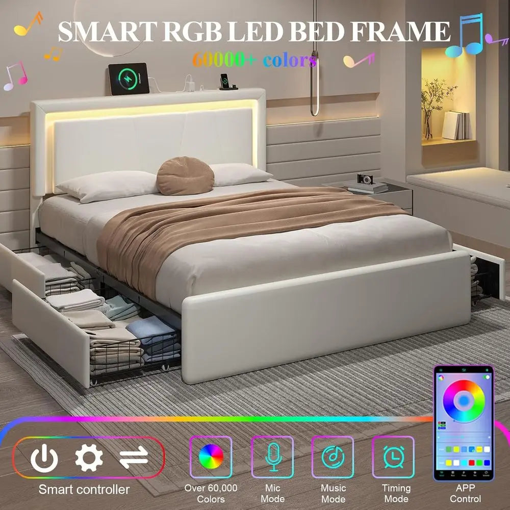 King Size Bed with 4 Storage Drawers, Charging Station, LED Light, Adjustable Headboard, Noise-Free, No Box Spring Needed, Easy