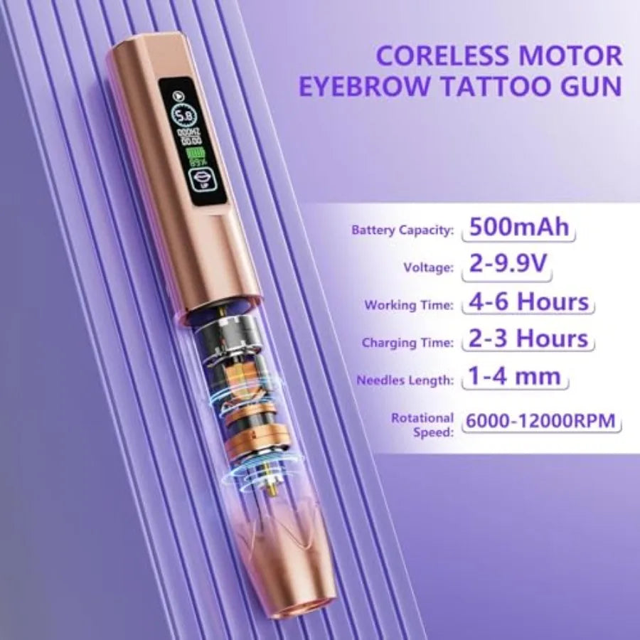 Microblading Kit for Eyebrow Lip Eyeliner Wireless Tattoo Gun with 2 Batteries 20 Needles Rose Gold Professional Semi-Permanent