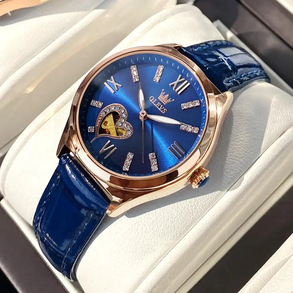 OLEVS Watches or Women Automatic Ladies Watch Mechanical Leather Strap Sel-Winding Diamond dial Waterproo