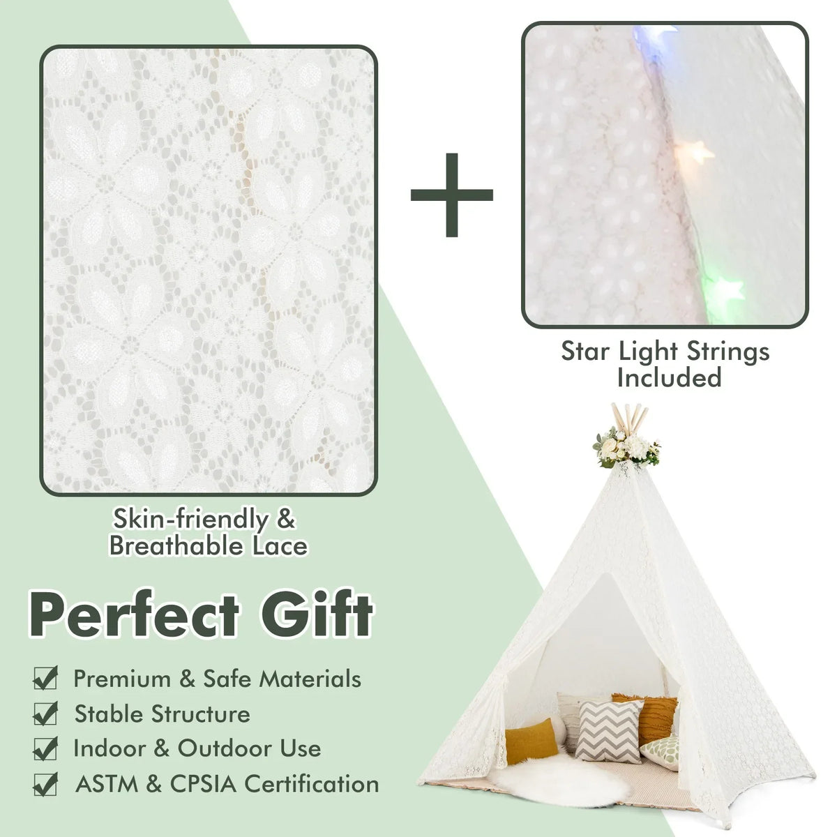 85" Height 5 Sides Huge Lace Teepee Tent for Kids Adult Wedding w/ Light Strings