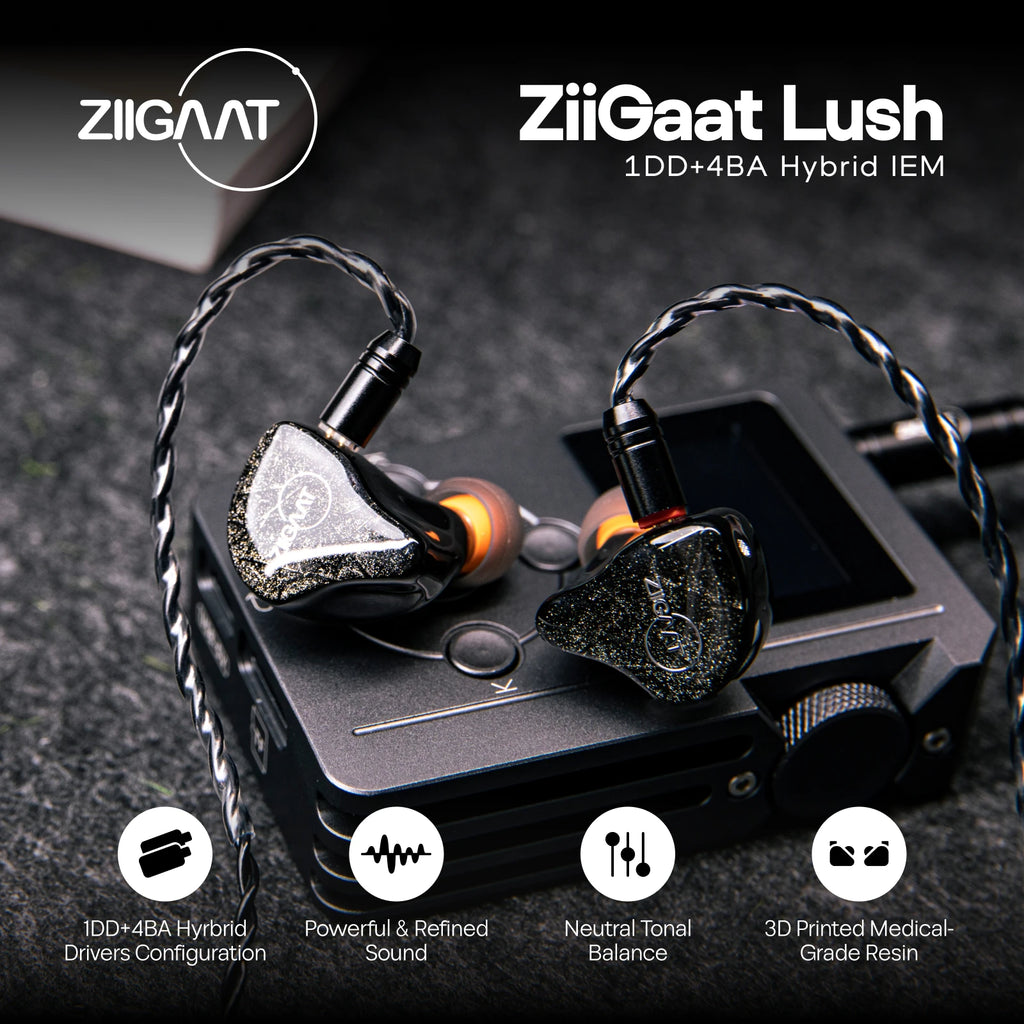 ZiiGaat Lush Studio 1DD+4BA Hybrid IEM Hifi Earphone Wired Earbuds with Neutral Tonal Balance and Hand Assembled Quality
