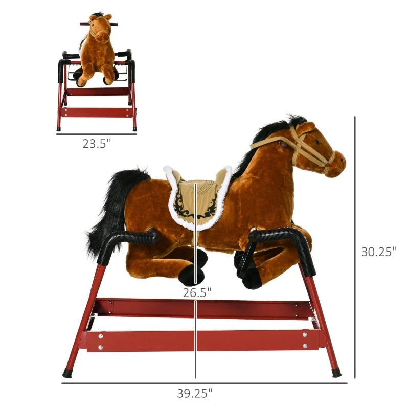 Spring Rocking Horse with Realistic Sounds Plush Ride on Toy 176LBS Capacity for Kids Ages 3 and Up Metal Frame