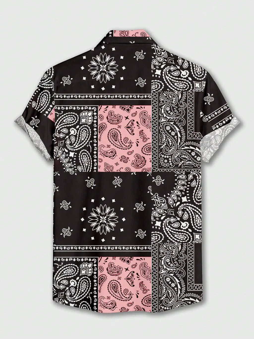 Men's Casual Short Sleeve Shirt with Black Pink Paisley Patchwork Print for Summer Vacation