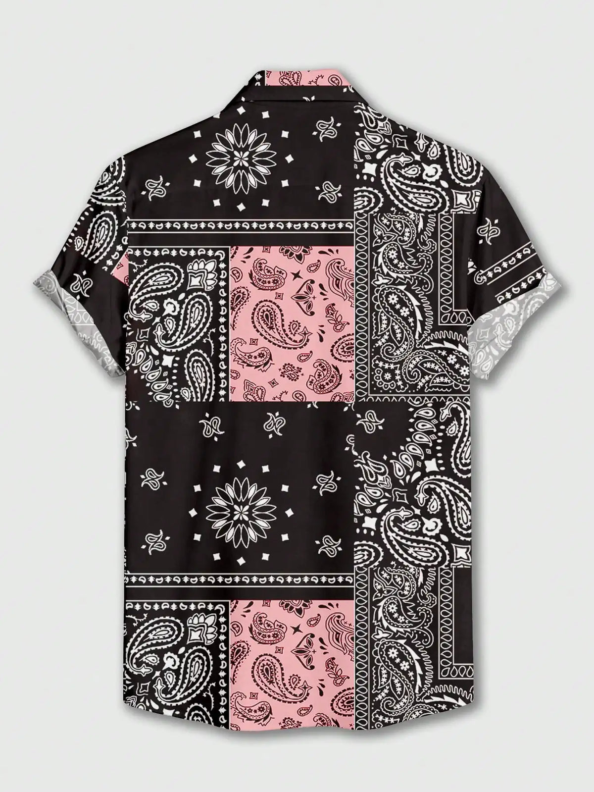 Men's Casual Short Sleeve Shirt with Black Pink Paisley Patchwork Print for Summer Vacation