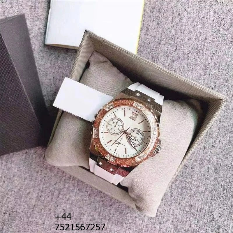 Luxury Quartz Watch Set Stainless Steel Case Silicone Strap Chronograph Diamond Dial Waterproof Couple Wristwatch Women