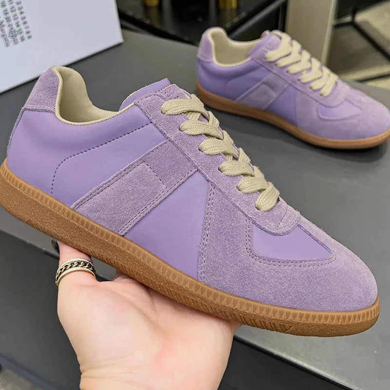 Suede Leather Patchwork Casual Shoes Women Round Toe Lace Up Flats Training Shoes Autumn Sneakers Comforatble Couple Shoes
