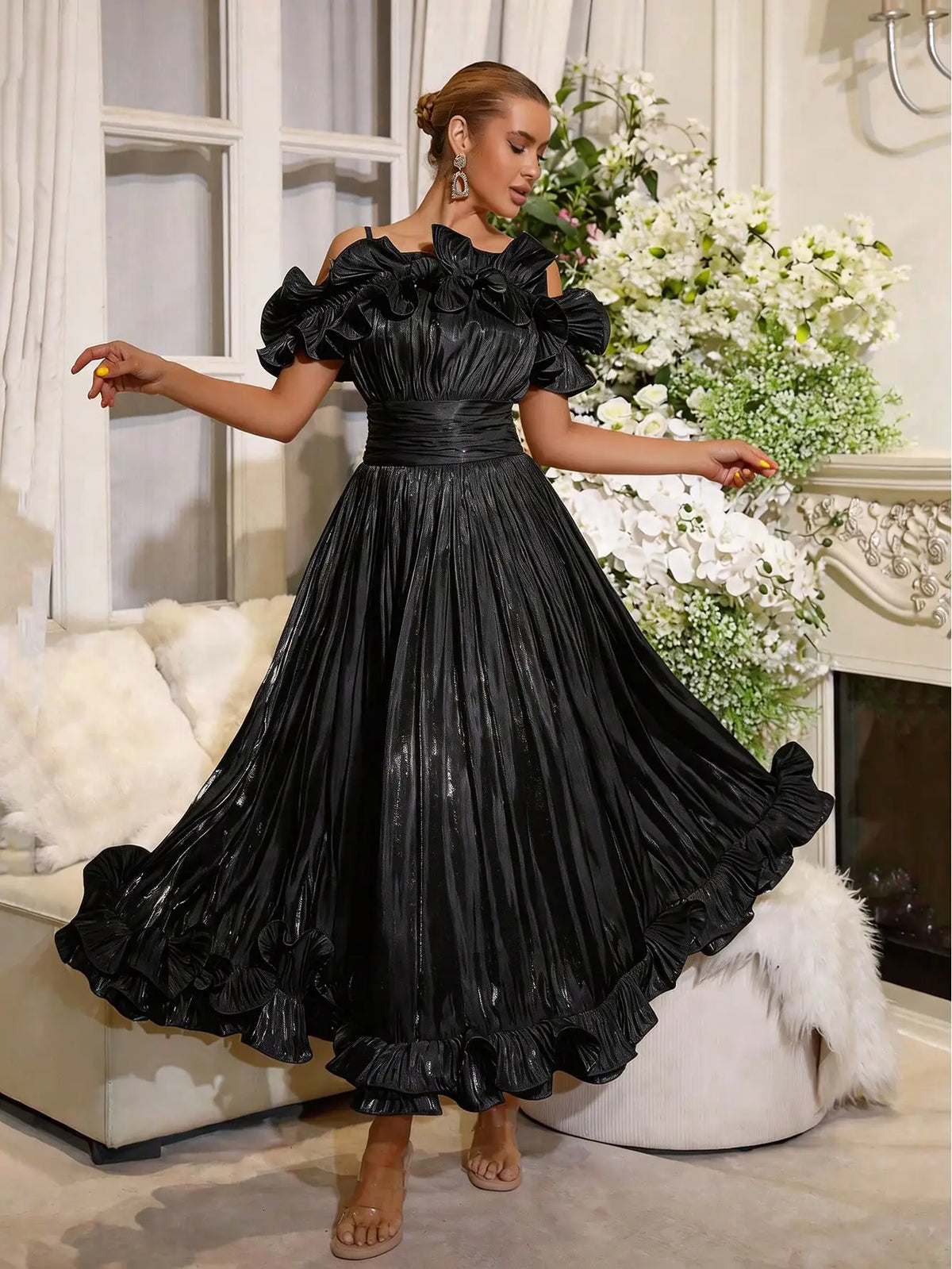 Off-Shoulder Pleated Ruffle Waist-Cinched Flared Evening Gown For Bridesmaid