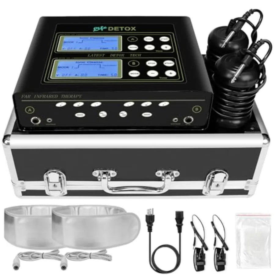 Dual Ionic Foot Bath Detox Machine with Heated Waist Belt 5 Detox Modes Time Preset Black and Silver Arrays Set of 2