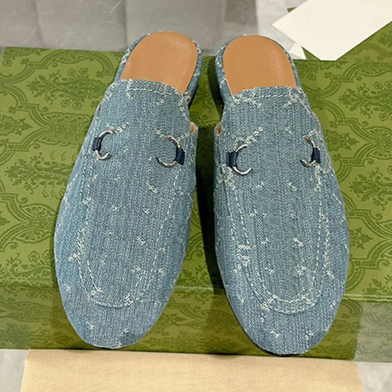 Denim Loafers Women Shoes Designer Sandals Room Mule Baotou Half Slippers Slips Sandal Luxury Silver Hardware Summer Slides Slip
