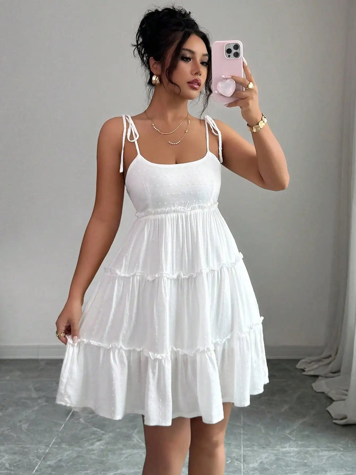 White Swiss Dot Tiered Ruffle Cami Dress for Summer Vacation