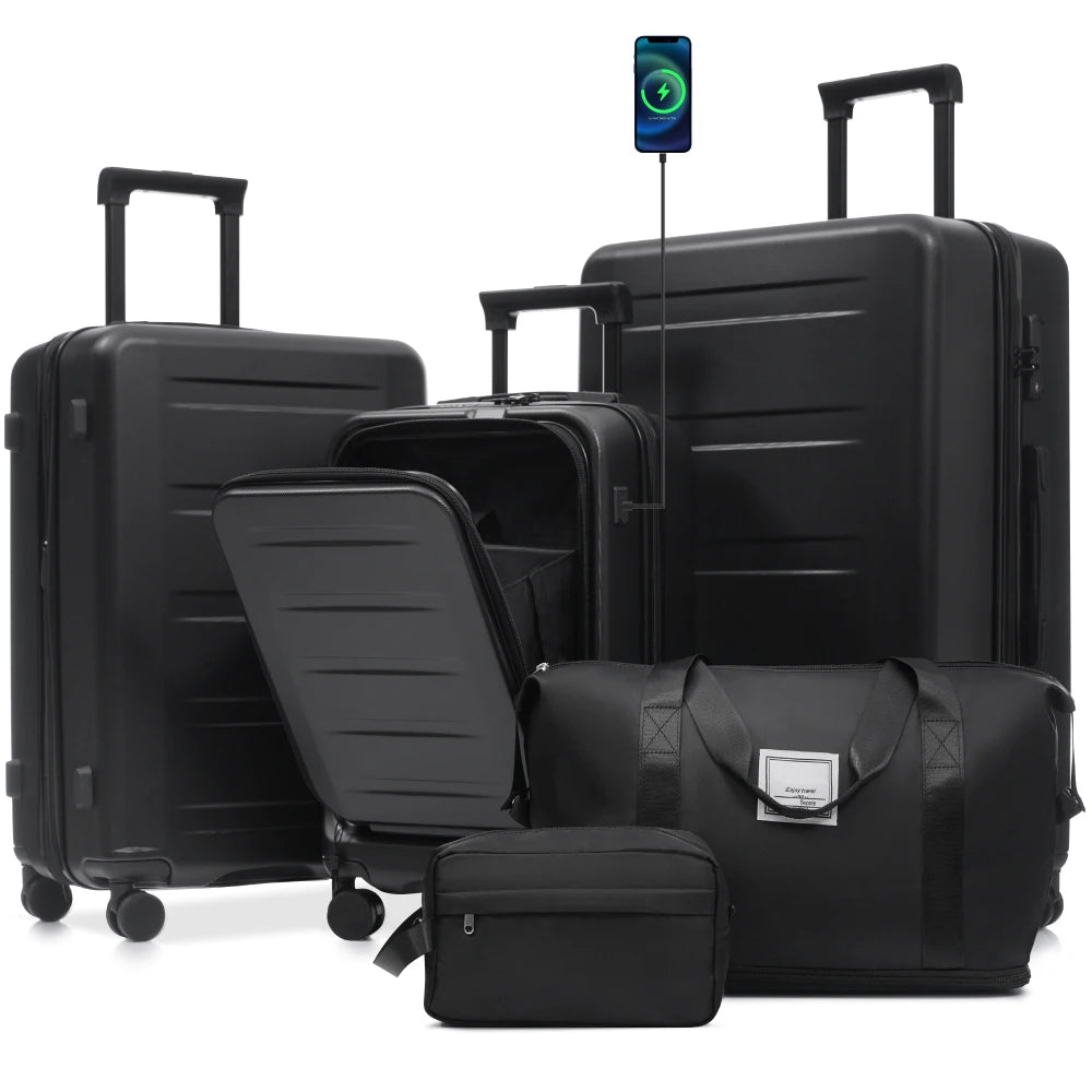 5Pcs Front Opening Hardside Expandable Luggage Set Double Spinner Wheels USB Port TSA Lock 20/24/28"