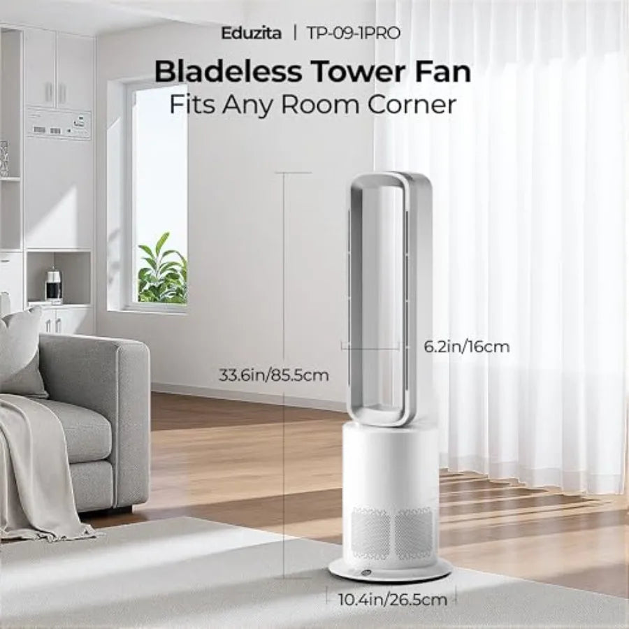 TP09Pro Commercial Bladeless Tower Fan 3-in-1 Air Purifier Space Heater Cooling Fan with Remote Control HEPA H13 Filtration for