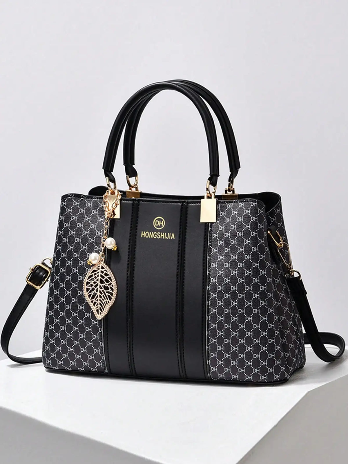 Women's Pink & Cream Patchwork Top-Handle Tote Bag with Leaf Charm