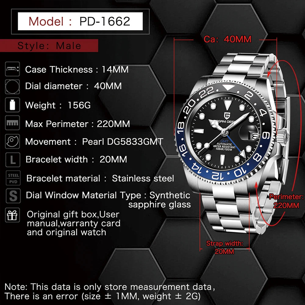 New 2026 PAGANI DESIGN GMT Automatic Wristwatch Stainless Steel 100M Waterproof Men Watch Top Brand 40mm Mechanical Watch Men